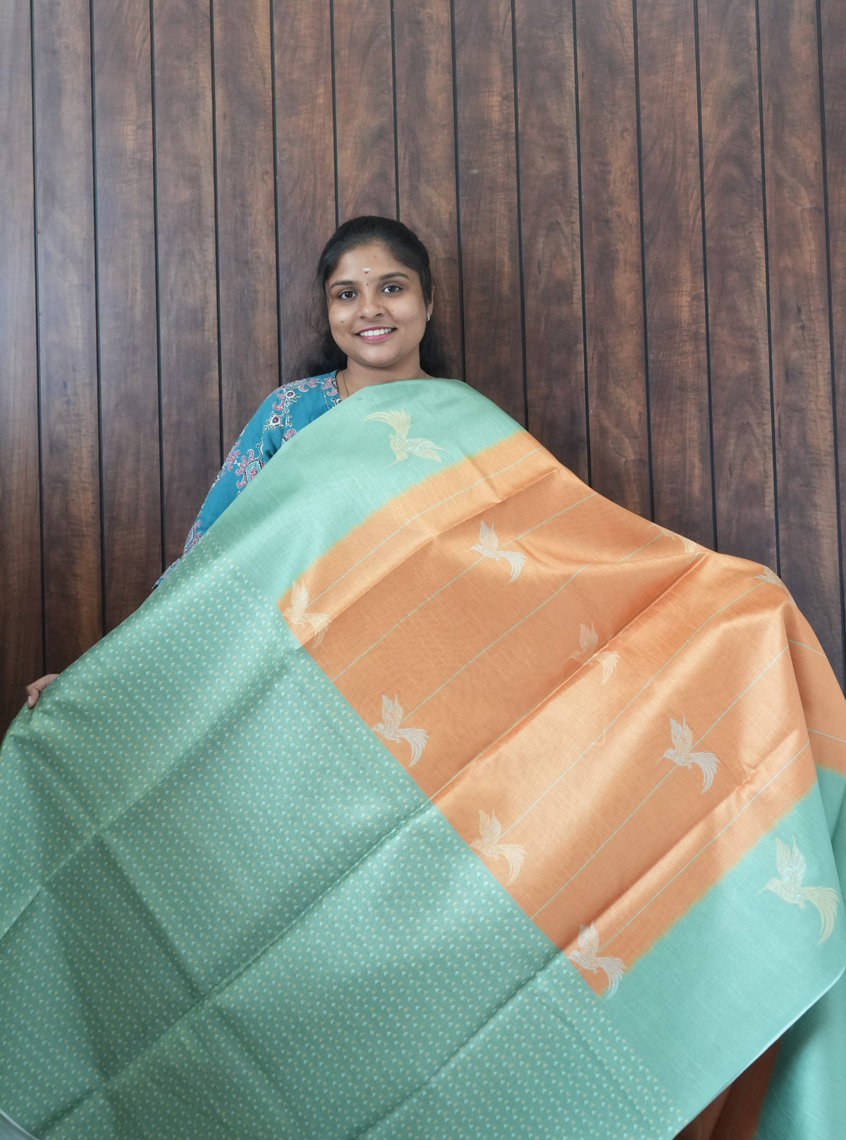 Budget Friendly Saree SLM-BFR-0040 - Orange with bird motifs and a mint border - second view