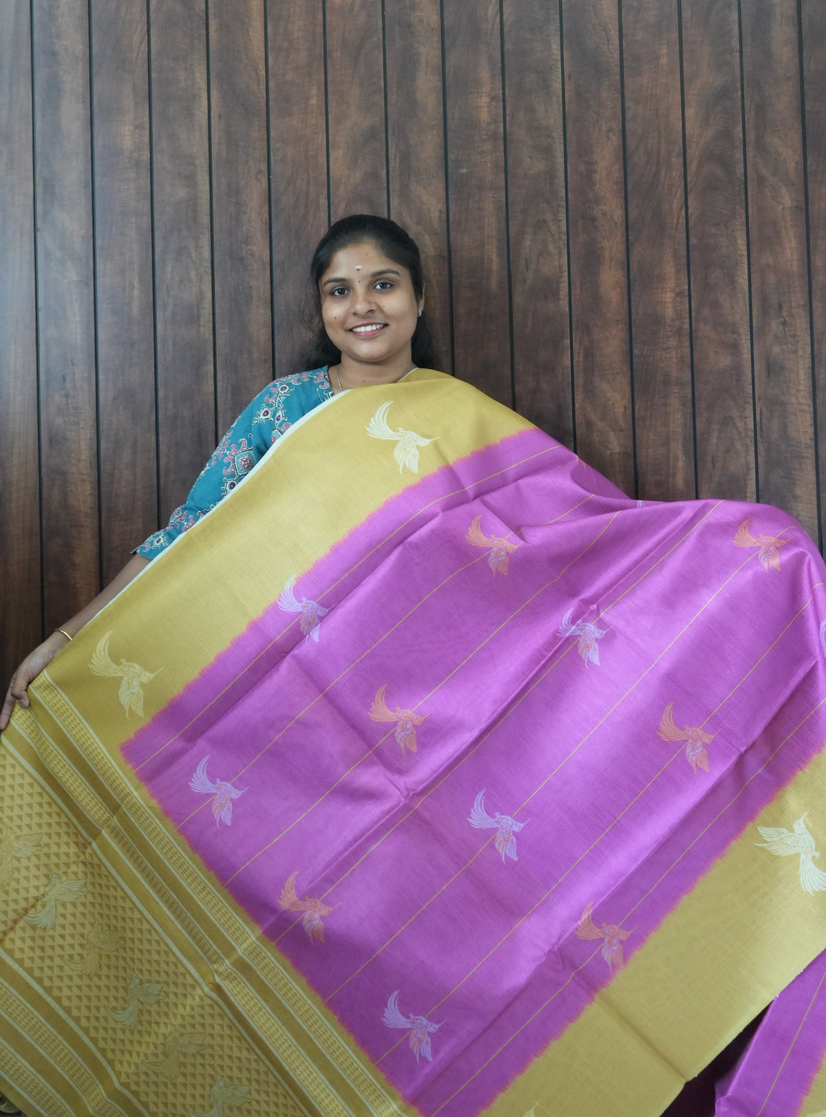 Budget Friendly Saree SLM-BFR-0041 - Orchid with bird motifs and a mustard border - front view