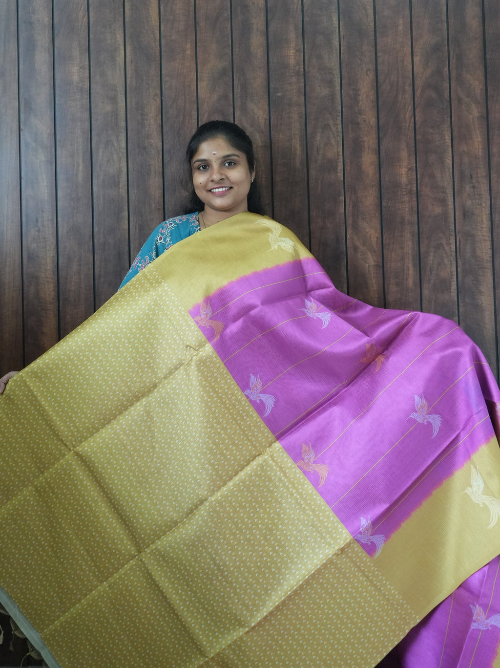 Budget Friendly Saree SLM-BFR-0041 - Orchid with bird motifs and a mustard border - second view
