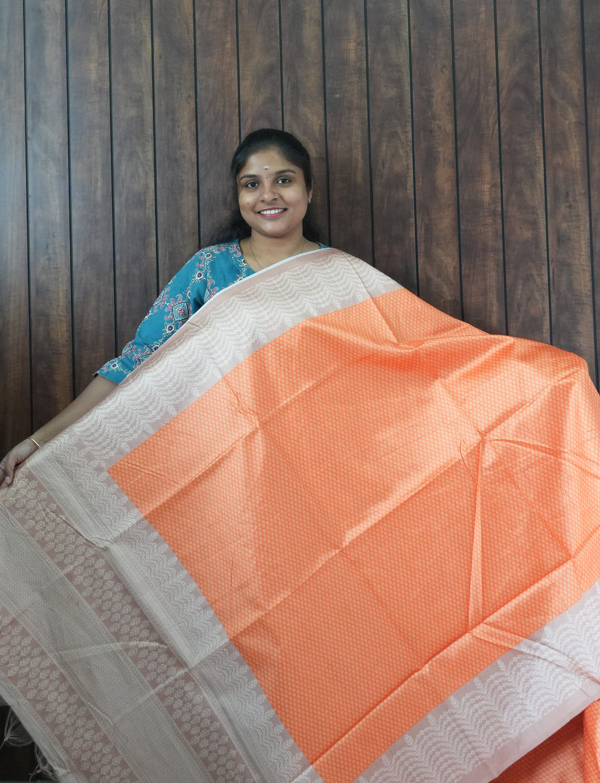 Budget Friendly Saree SLM-BFR-0042 - Orange with a beige border - front view