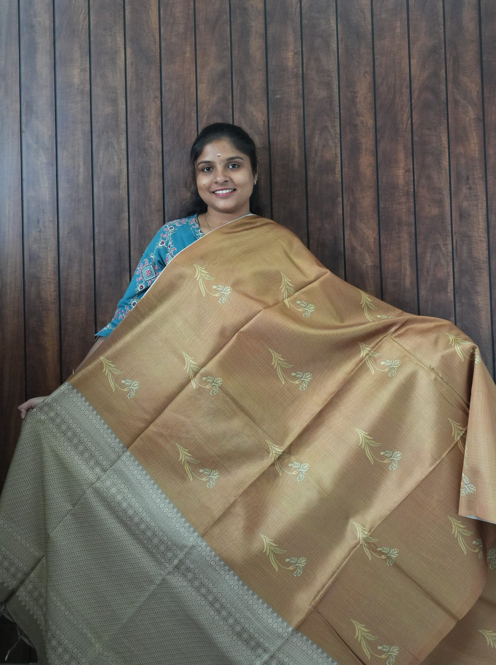 Budget Friendly Saree SLM-BFR-0043 - Mustard brown with bird motifs - front view