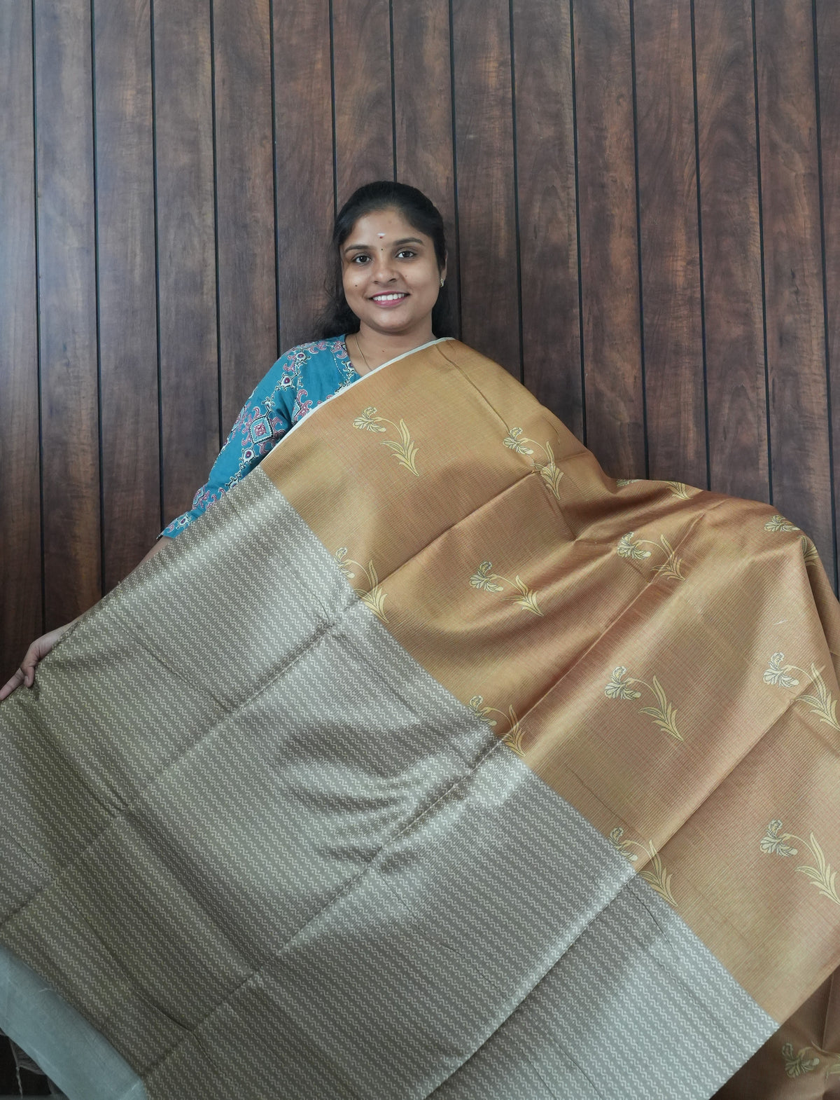 Budget Friendly Saree SLM-BFR-0043 - Mustard brown with bird motifs - second view