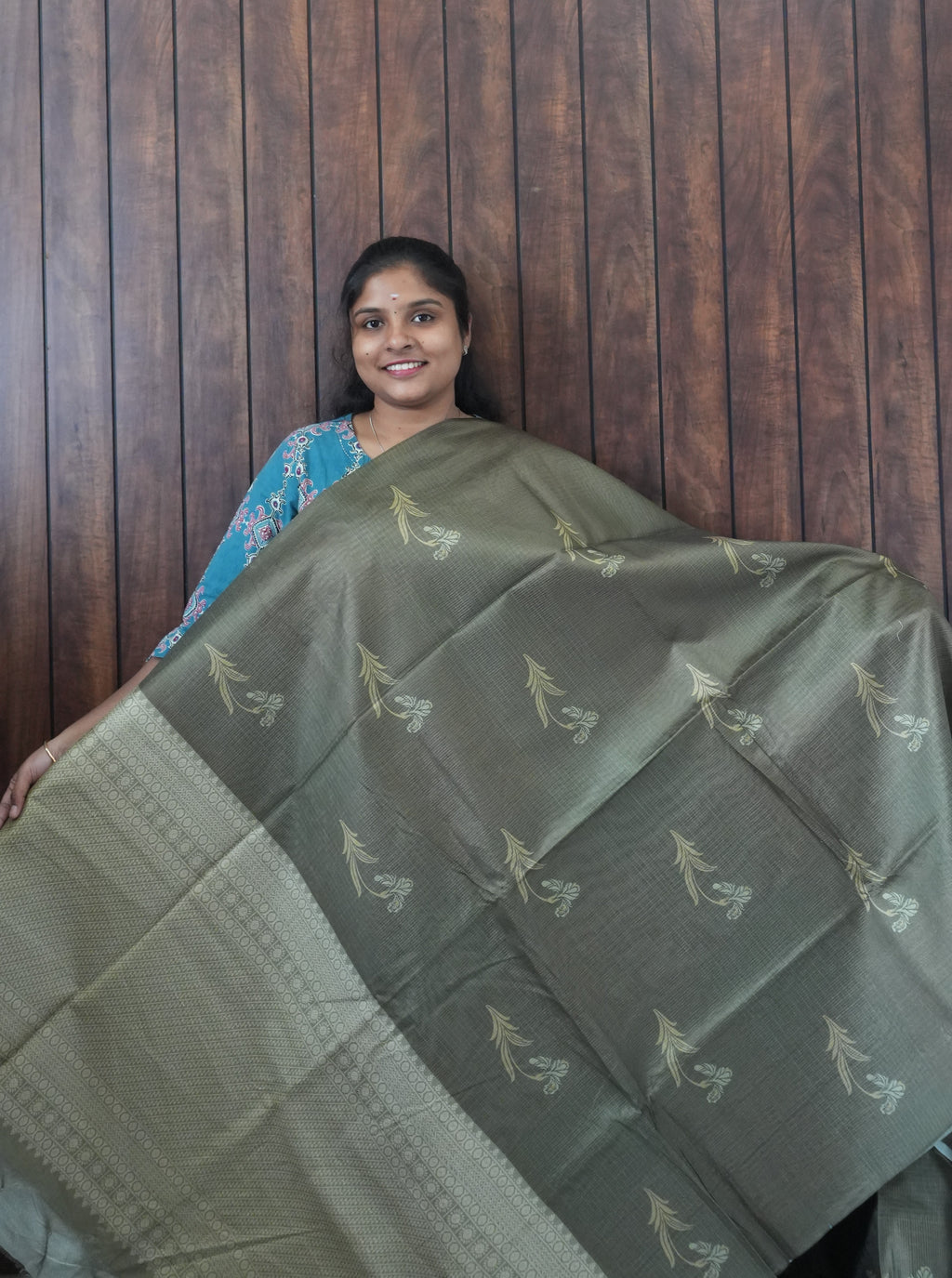 Budget Friendly Saree SLM-BFR-0045 - Olive grey with bird motifs - front view