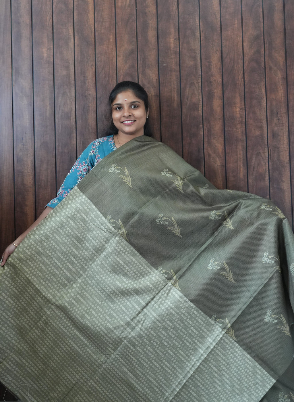 Budget Friendly Saree SLM-BFR-0045 - Olive grey with bird motifs - second view