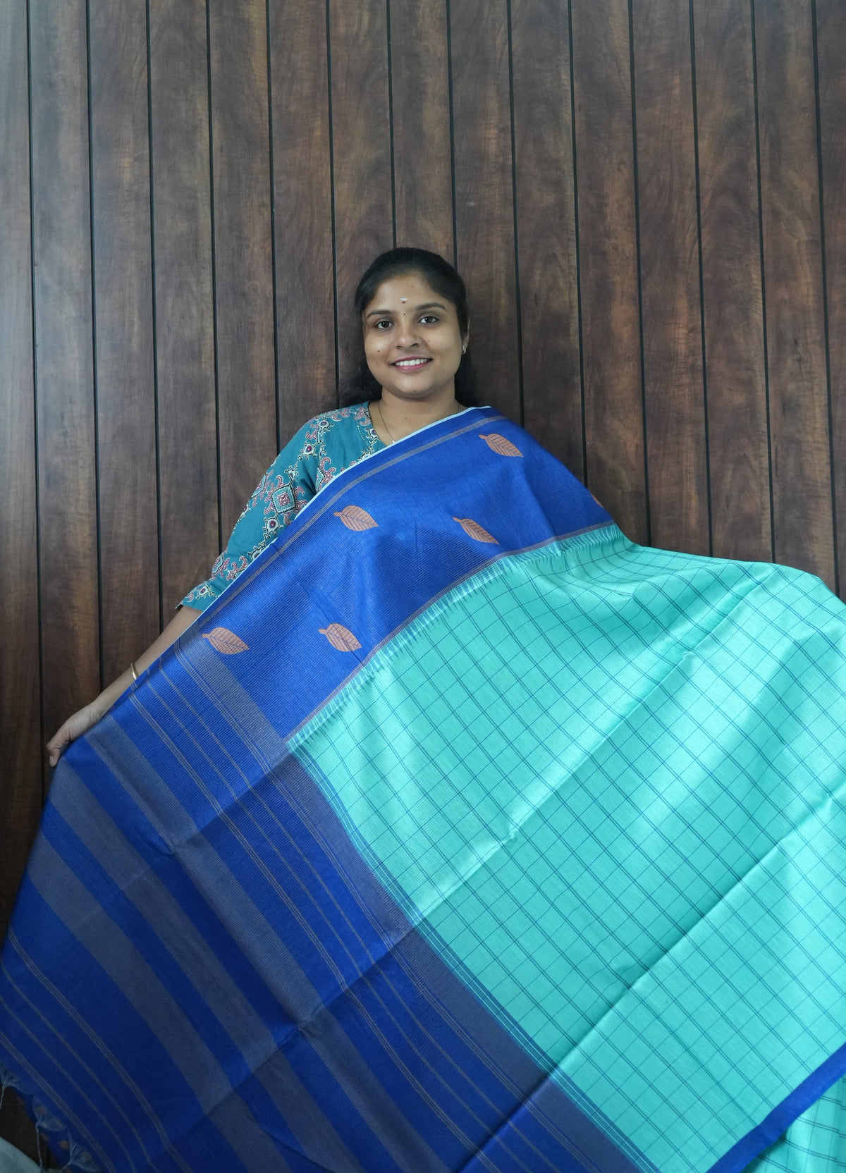 Budget Friendly Saree SLM-BFR-0047 - Aqua checks with a royal blue border - front view