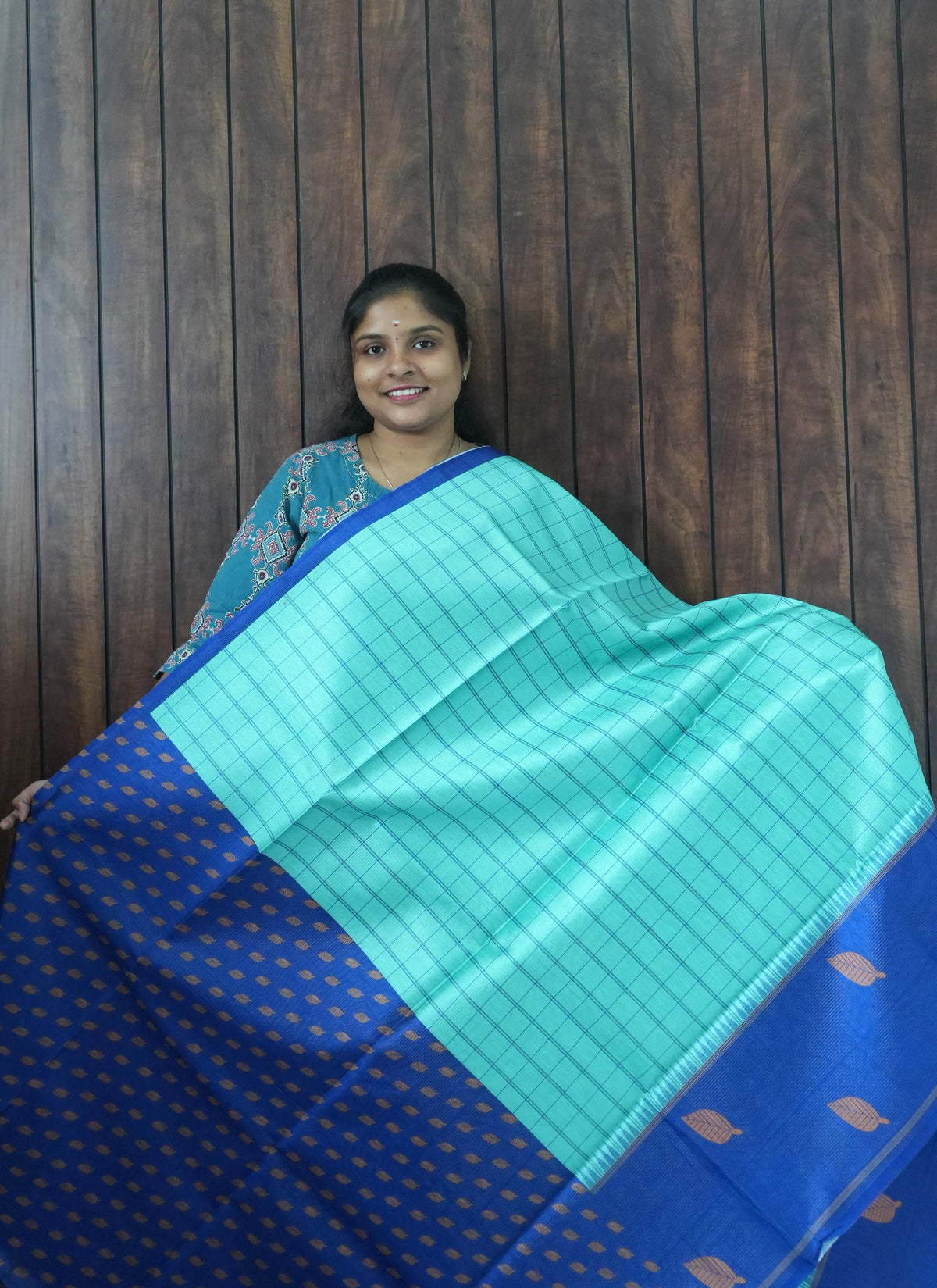 Budget Friendly Saree SLM-BFR-0047 - Aqua checks with a royal blue border - second view