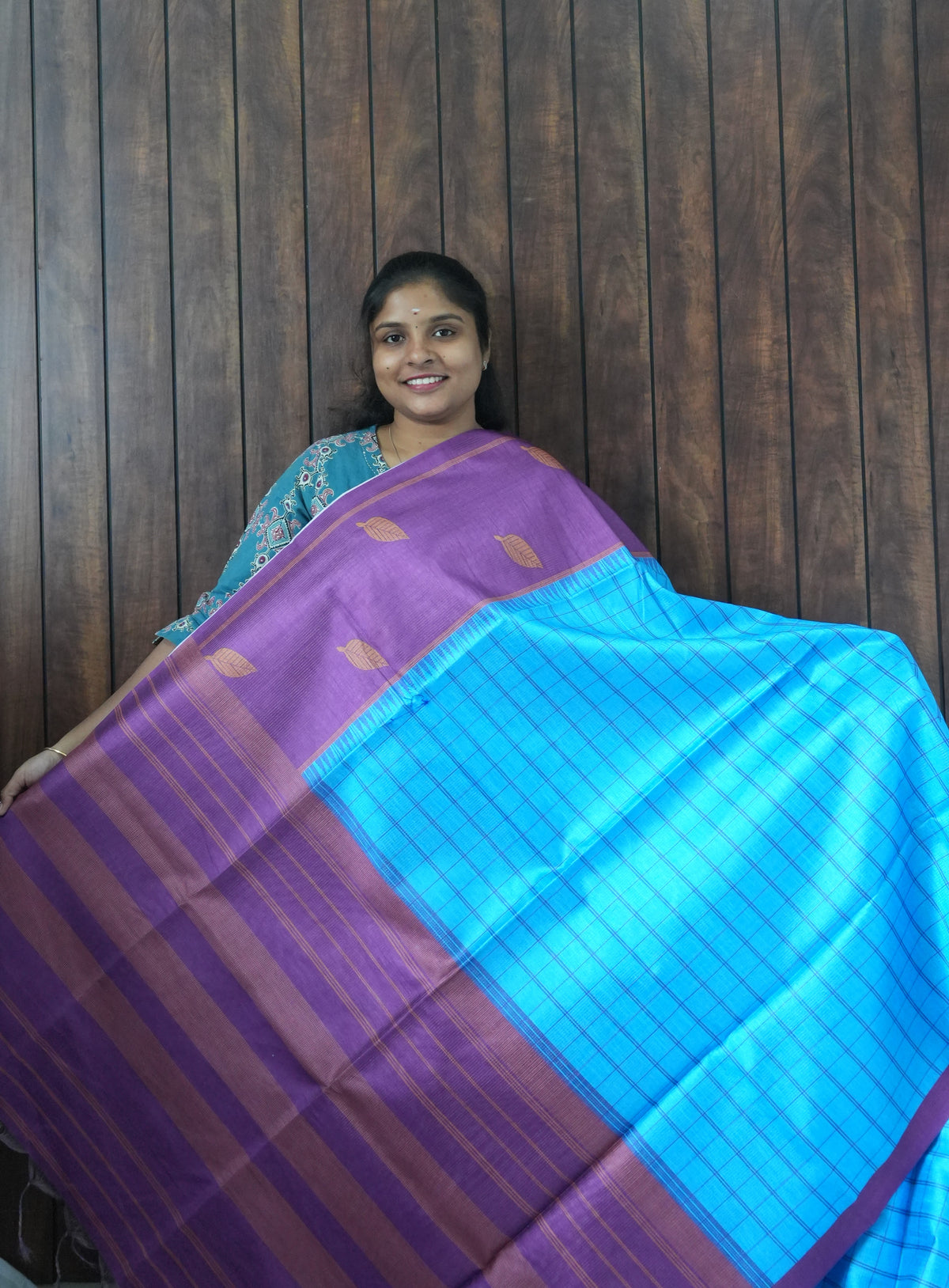 Budget Friendly Saree SLM-BFR-0048 - Sky blue checks with a purple border - front view