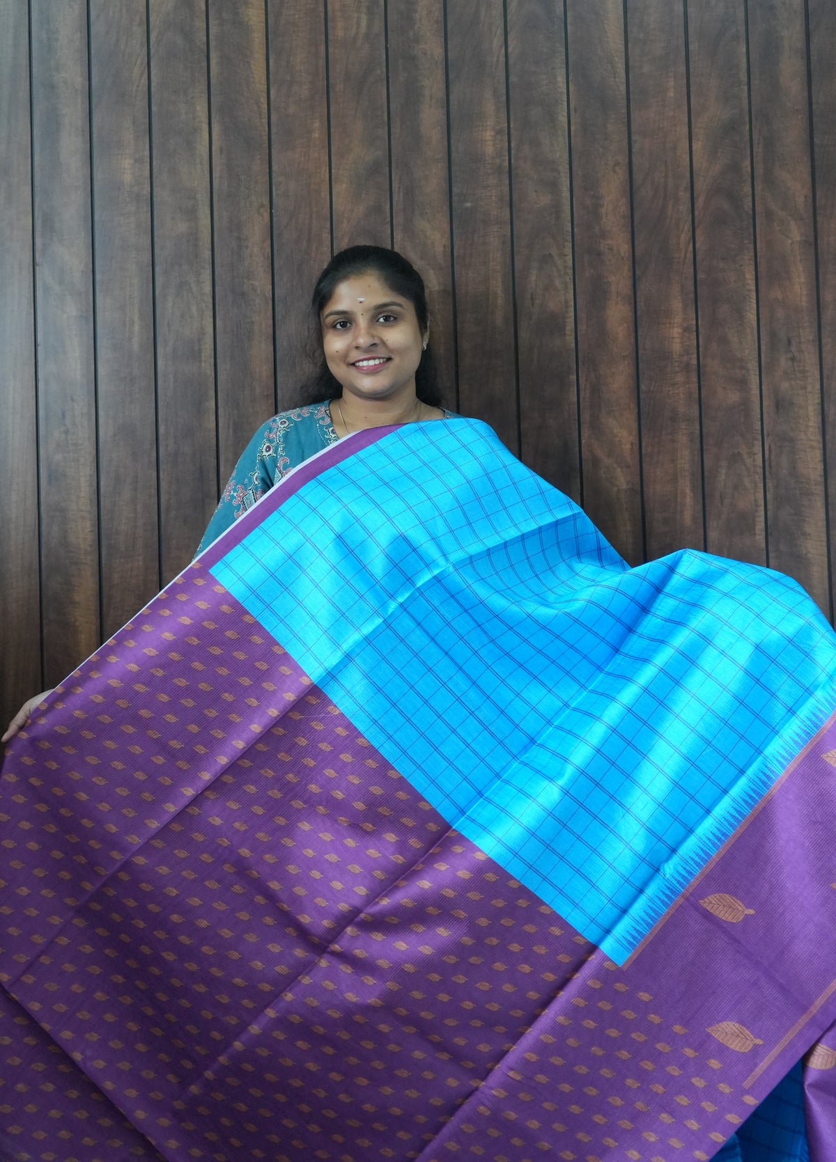 Budget Friendly Saree SLM-BFR-0048 - Sky blue checks with a purple border - second view
