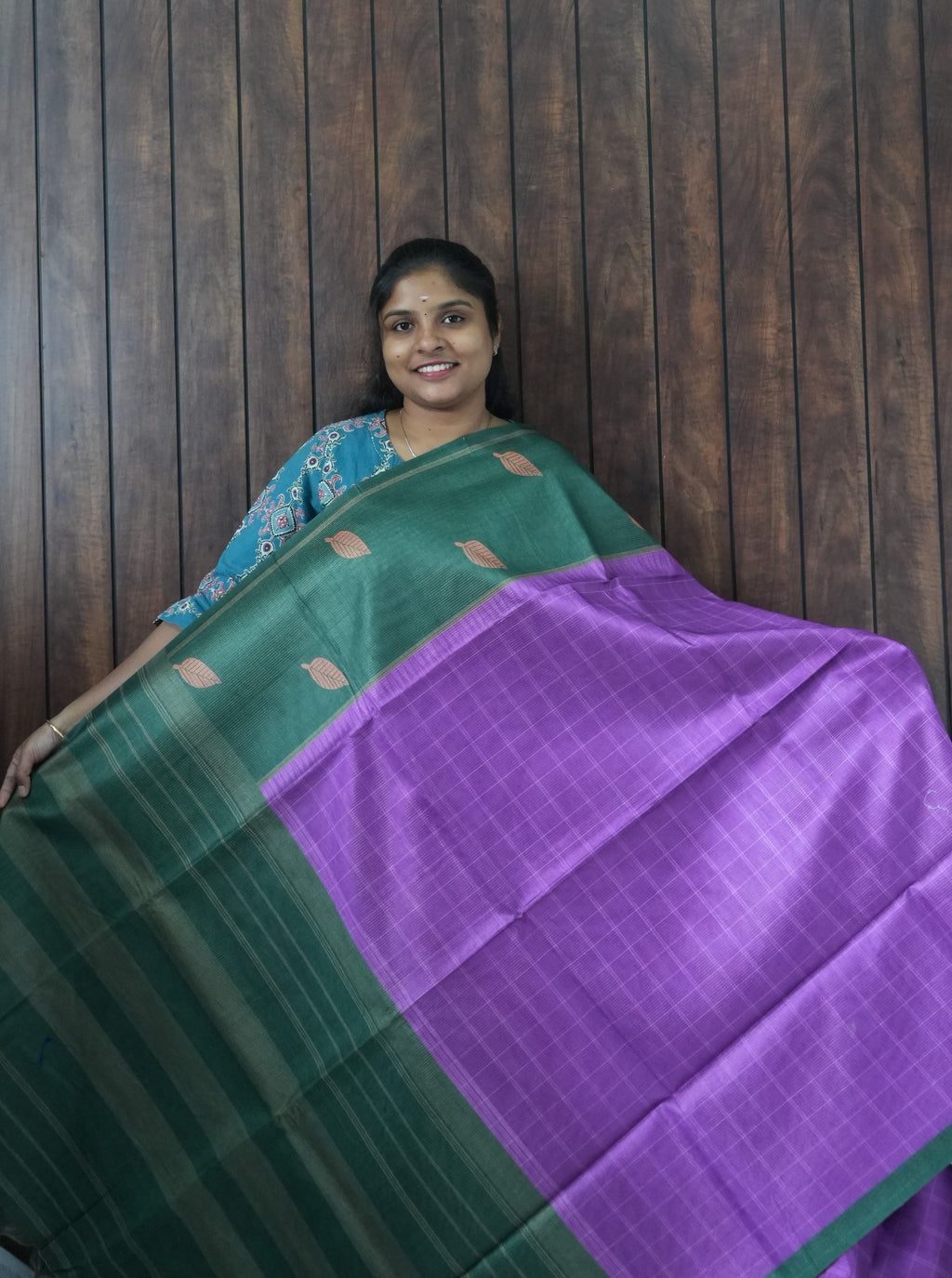 Budget Friendly Saree SLM-BFR-0049 - Purple checks with a green border - front view