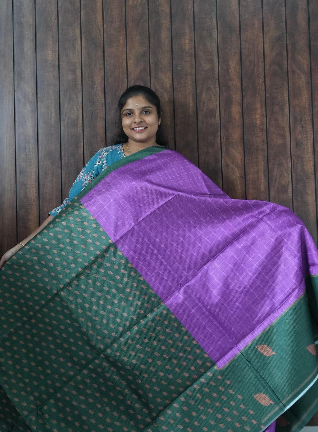 Budget Friendly Saree SLM-BFR-0049 - Purple checks with a green border - second view