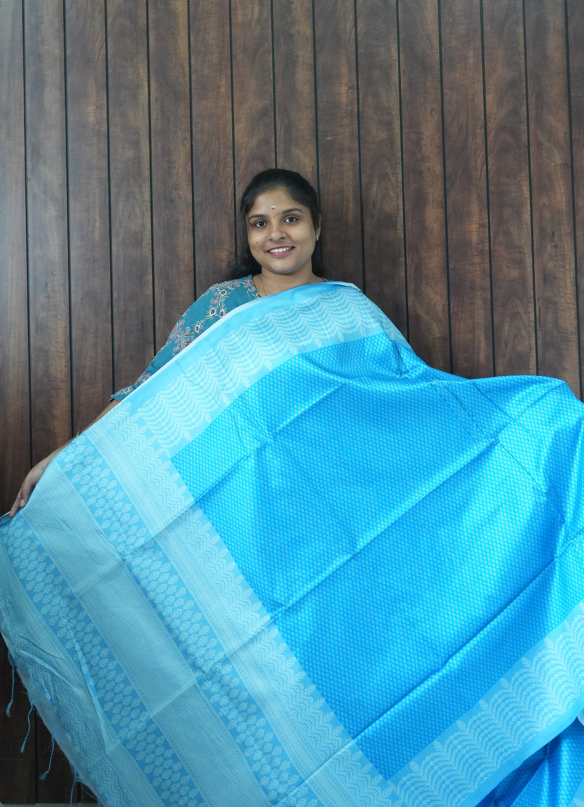 Budget Friendly Saree SLM-BFR-0051 - Sky blue with a light blue border - front view
