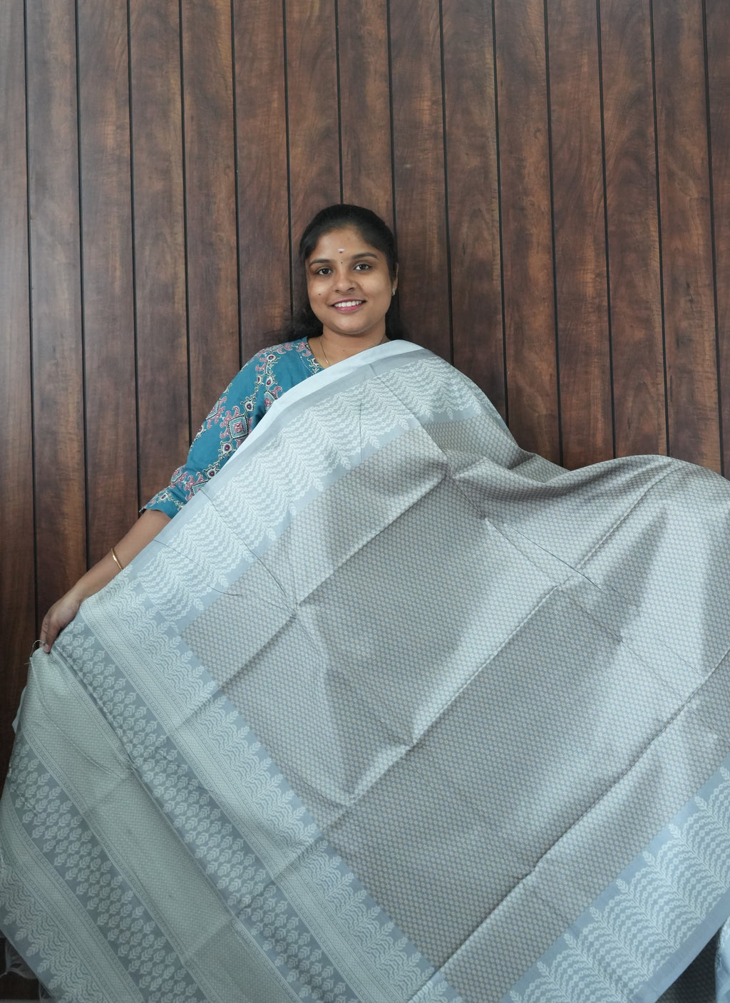 Budget Friendly Saree SLM-BFR-0052 - Silver grey with a light border - front view
