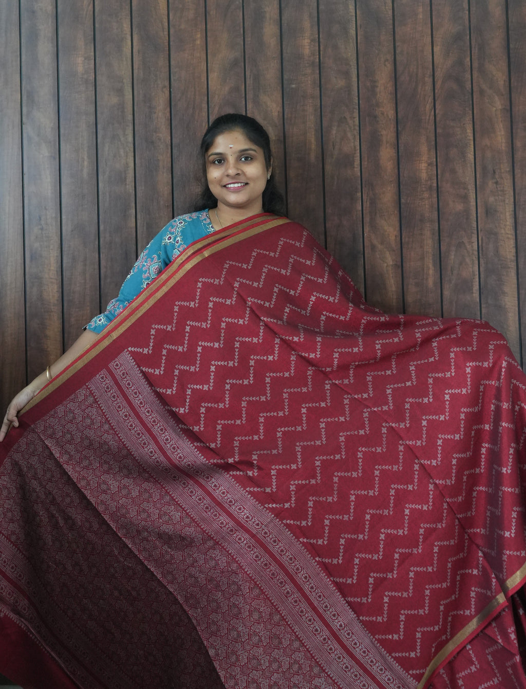 Budget Friendly Saree SLM-BFR-0056 - Maroon red with a zigzag print - front view