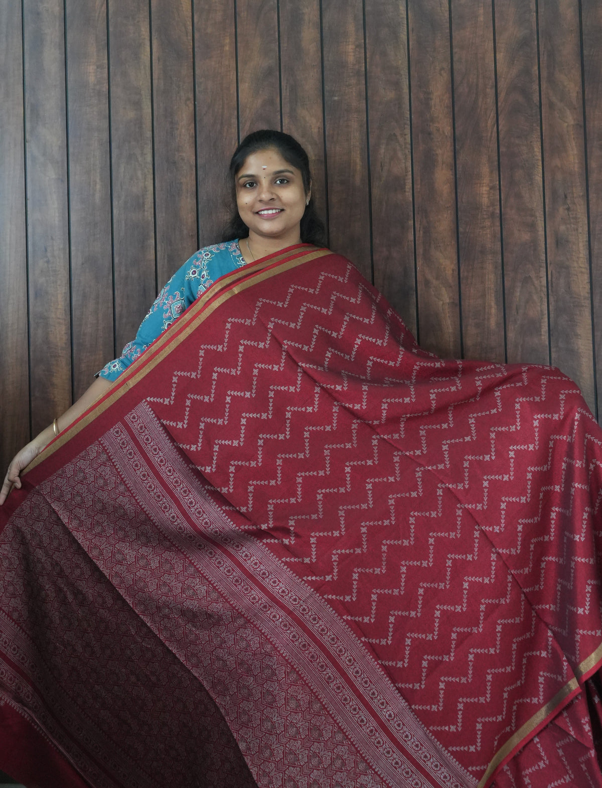 Budget Friendly Saree SLM-BFR-0056 - Maroon red with a zigzag print - front view