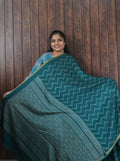 Budget Friendly Saree SLM-BFR-0057 - Teal green with a zigzag print - front view