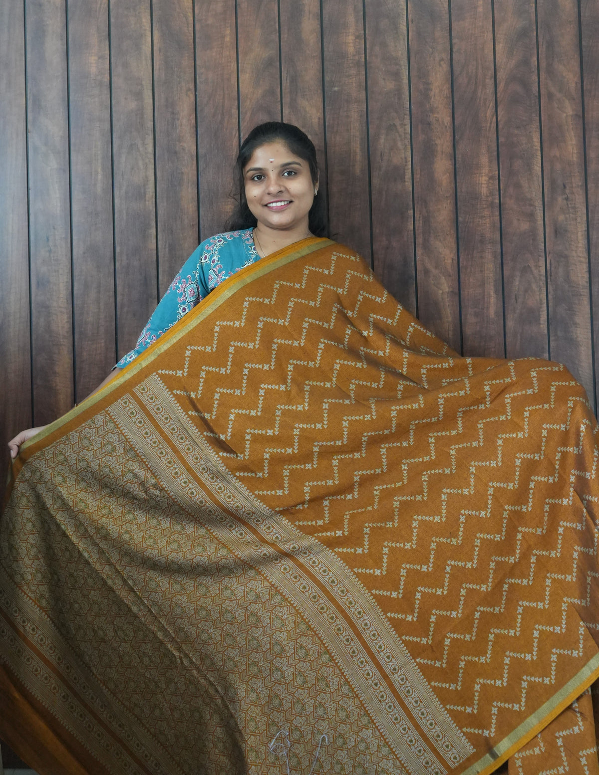 Budget Friendly Saree SLM-BFR-0058 - Mustard with a zigzag print - front view