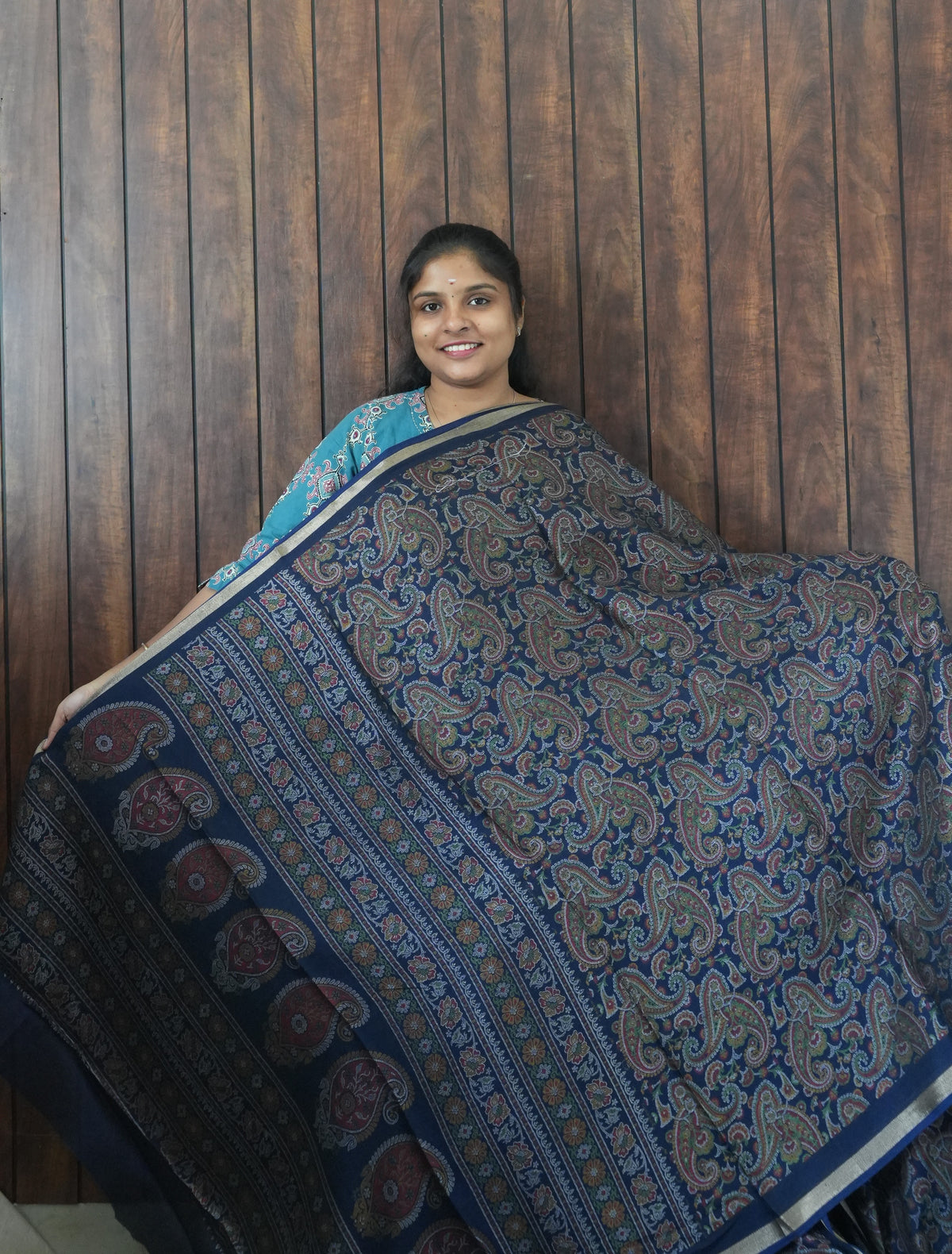 Budget Friendly Saree SLM-BFR-0059 - Navy blue with a paisley print - front view