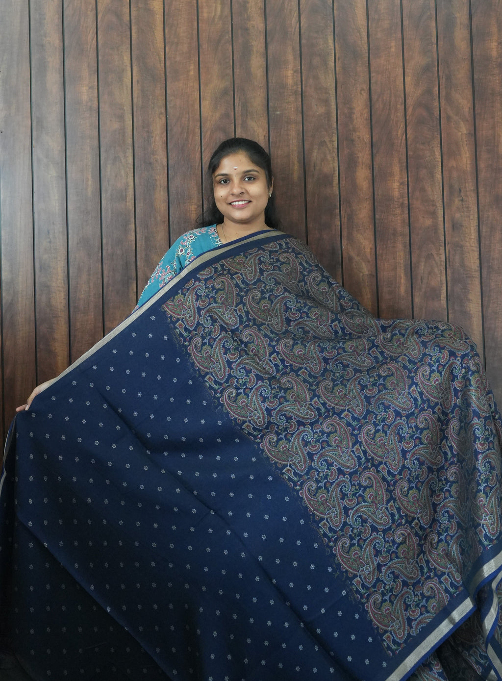 Budget Friendly Saree SLM-BFR-0059 - Navy blue with a paisley print - second view