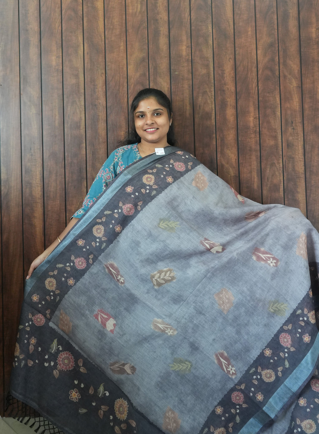 Budget Friendly Saree SLM-BFR-0060 - Blue-grey with a printed floral border - front view