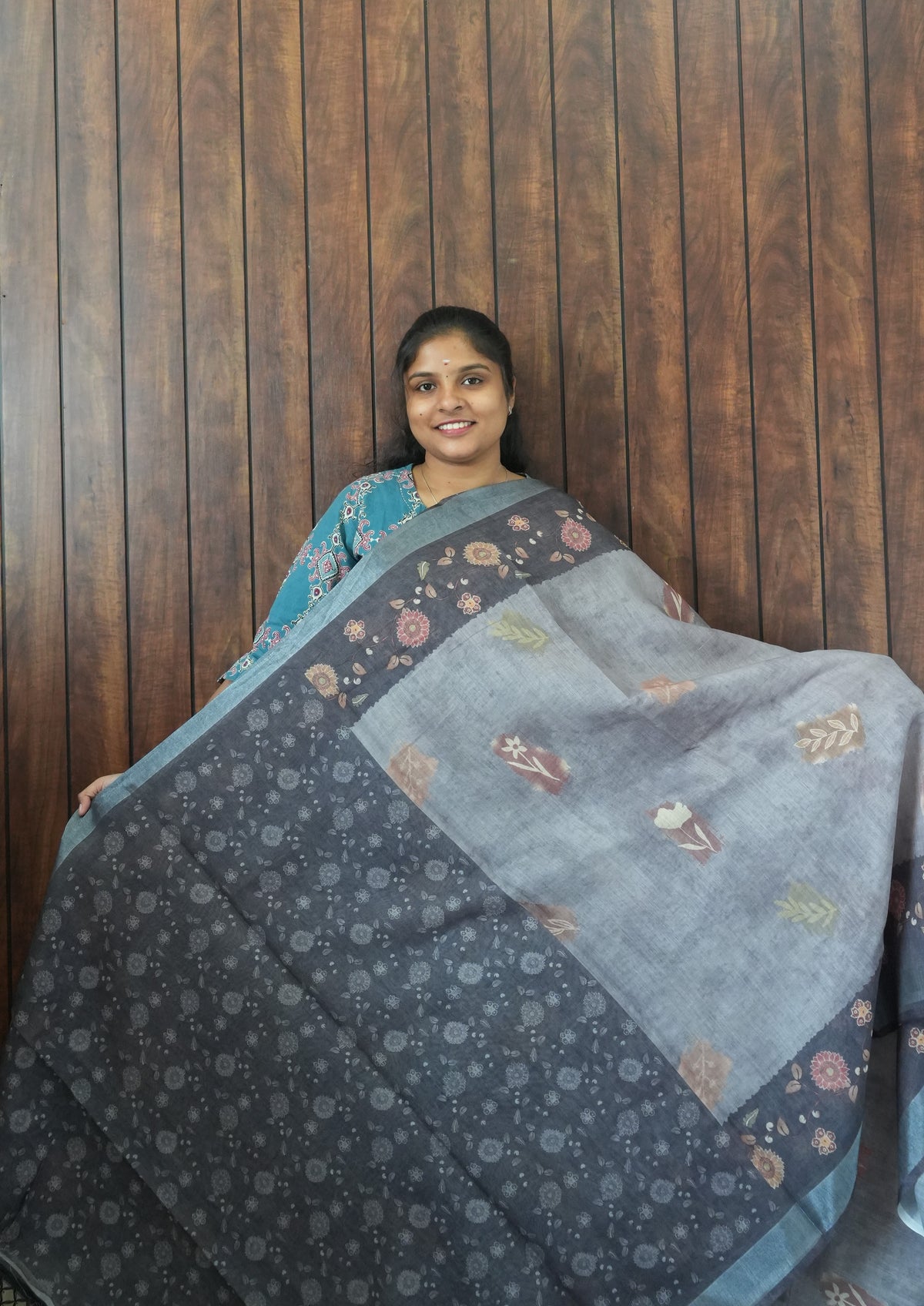 Budget Friendly Saree SLM-BFR-0060 - Blue-grey with a printed floral border - second view