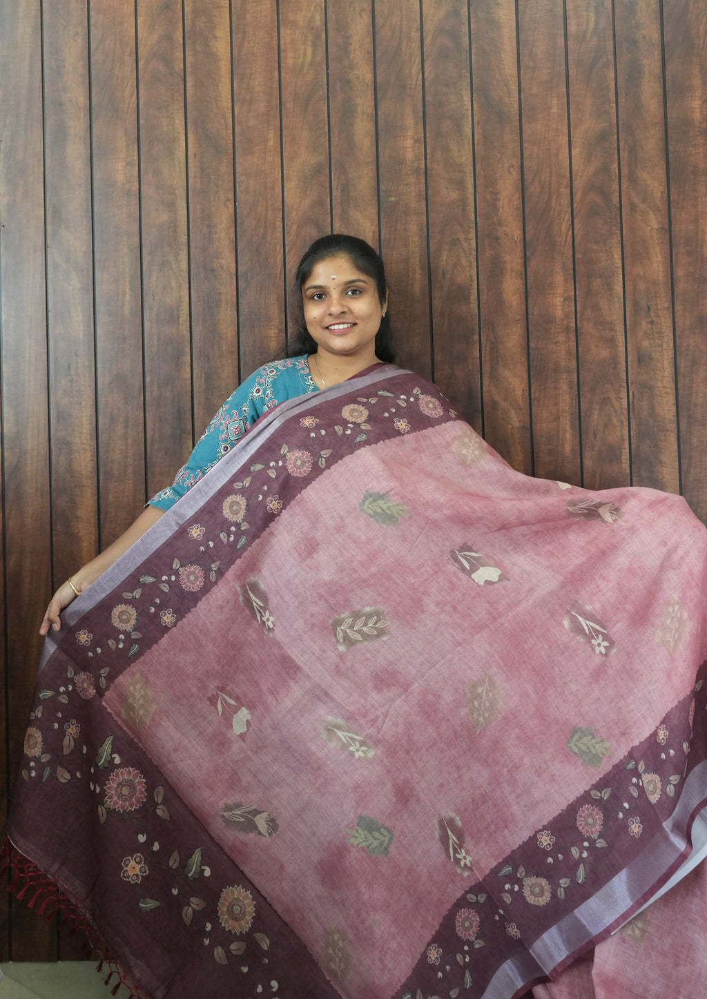 Budget Friendly Saree SLM-BFR-0061 - Rose pink with a plum printed floral border - front view