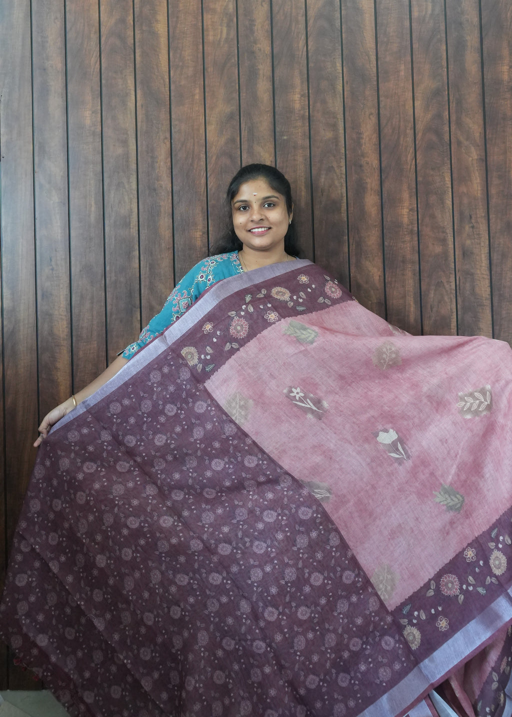 Budget Friendly Saree SLM-BFR-0061 - Rose pink with a plum printed floral border - second view