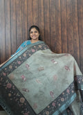Budget Friendly Saree SLM-BFR-0062 - Sage grey with a printed floral border - front view