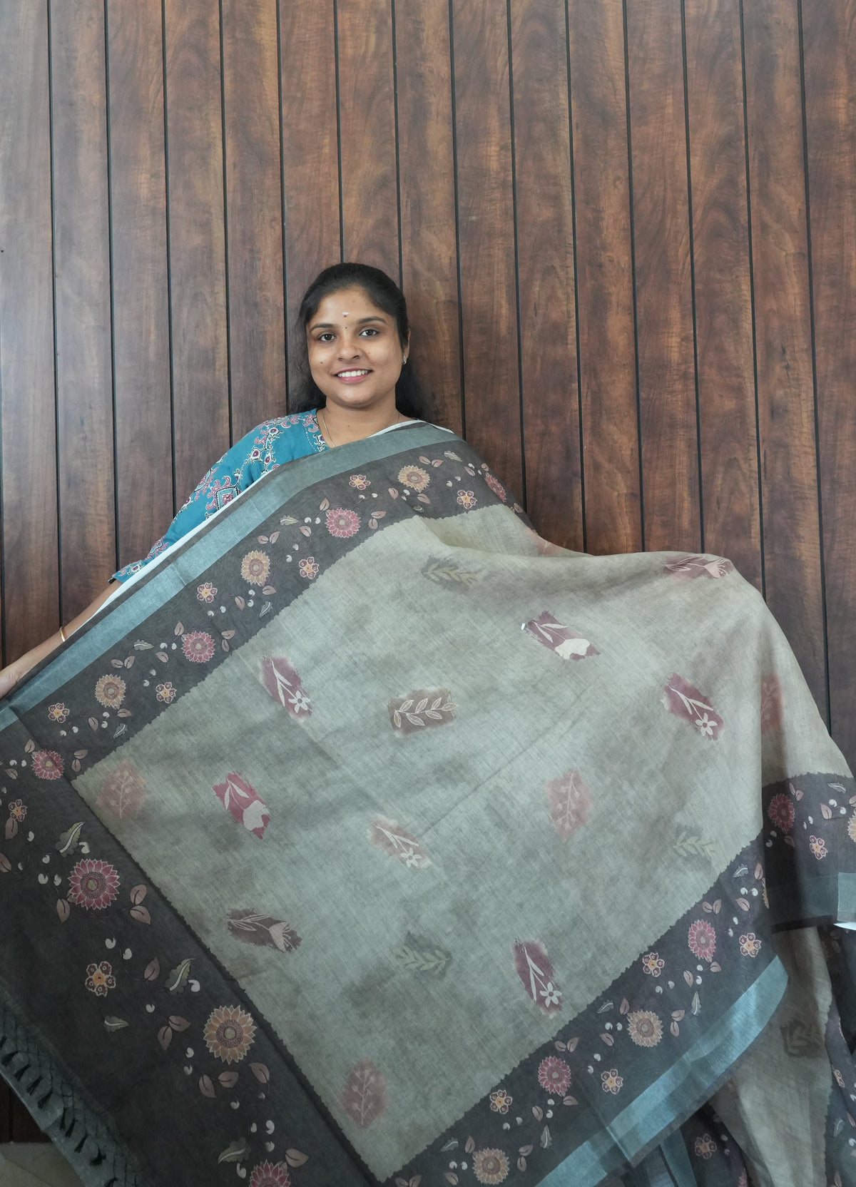 Budget Friendly Saree SLM-BFR-0062 - Sage grey with a printed floral border - front view