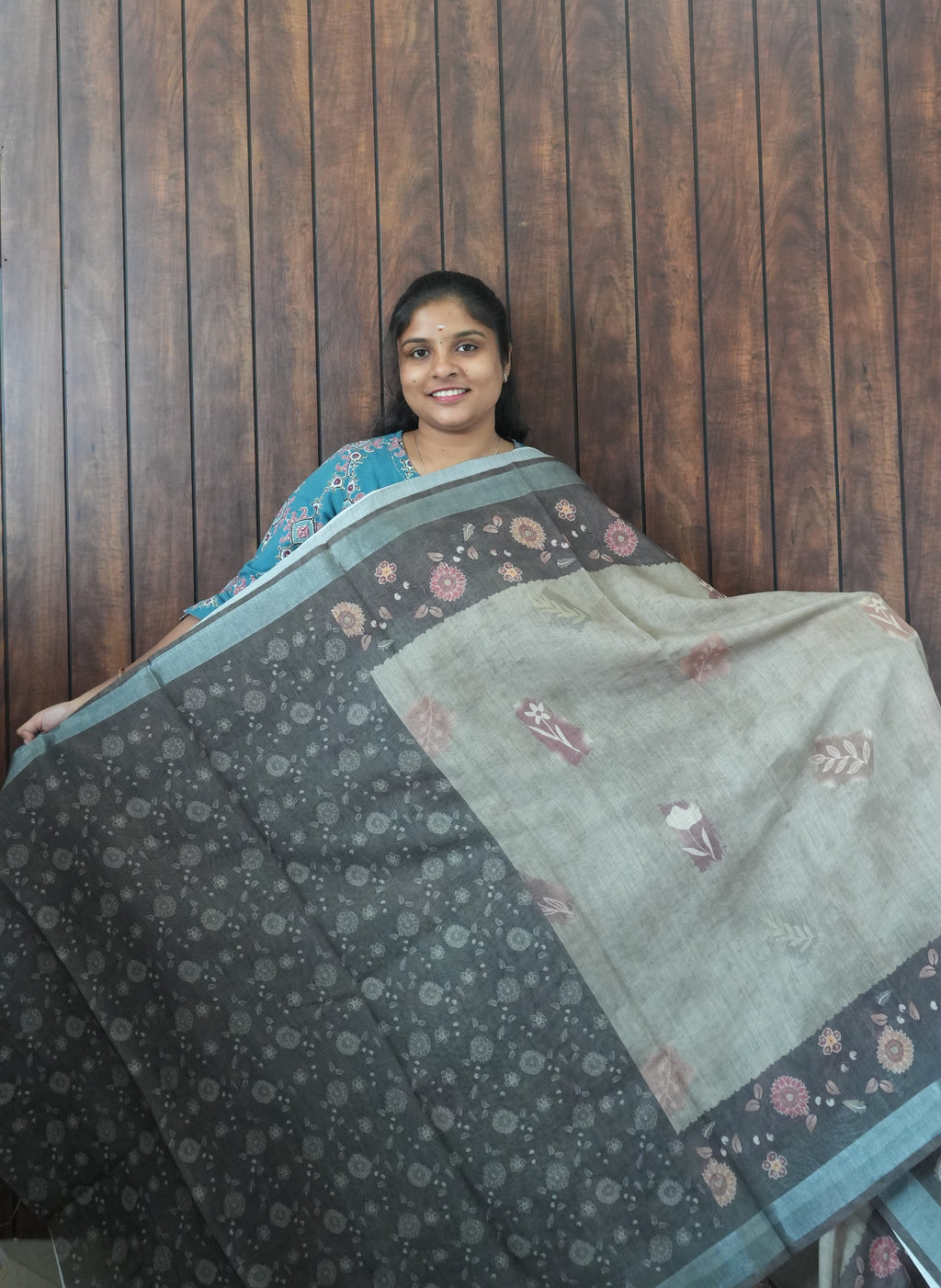 Budget Friendly Saree SLM-BFR-0062 - Sage grey with a printed floral border - second view