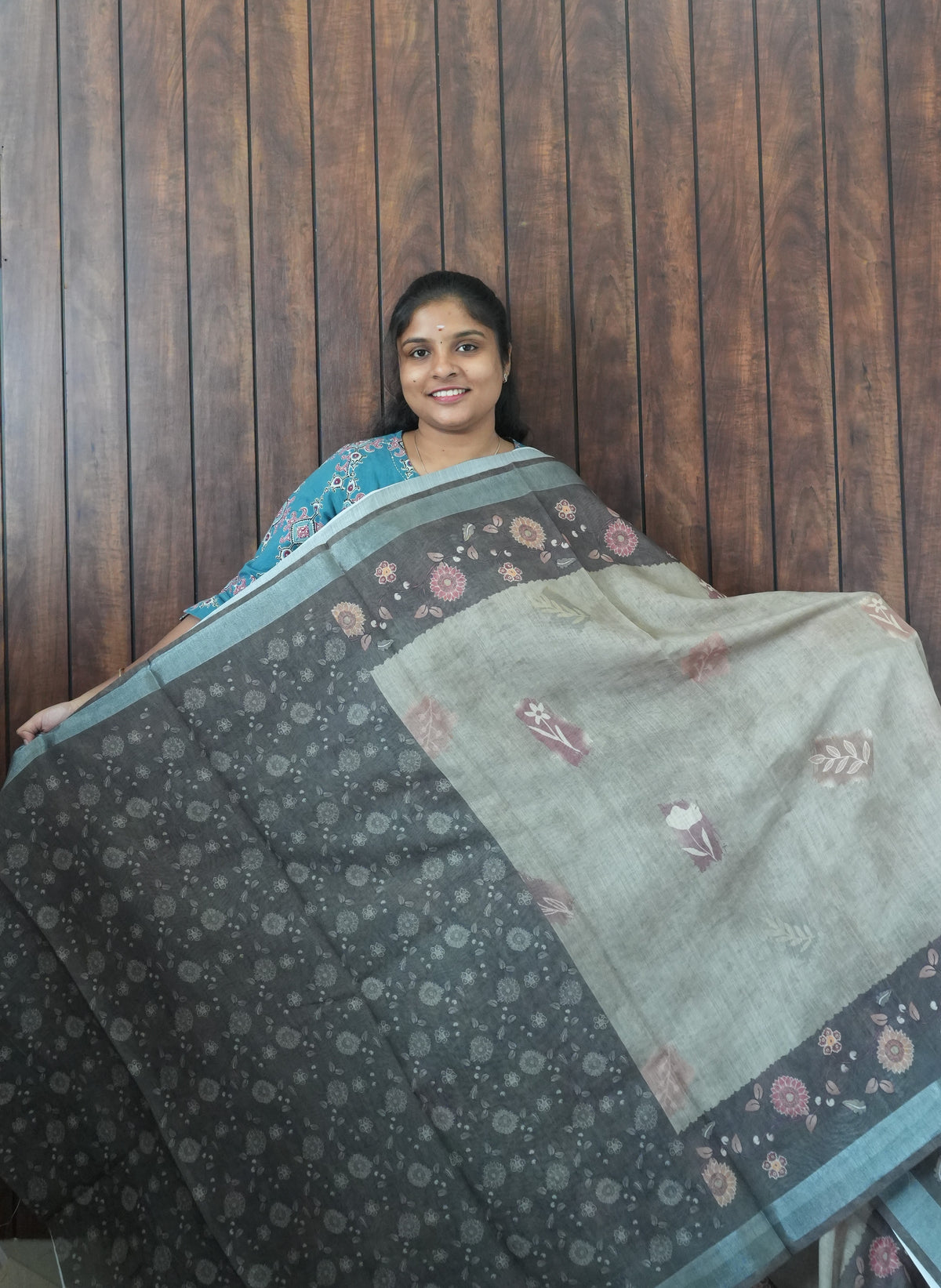 Budget Friendly Saree SLM-BFR-0062 - Sage grey with a printed floral border - second view