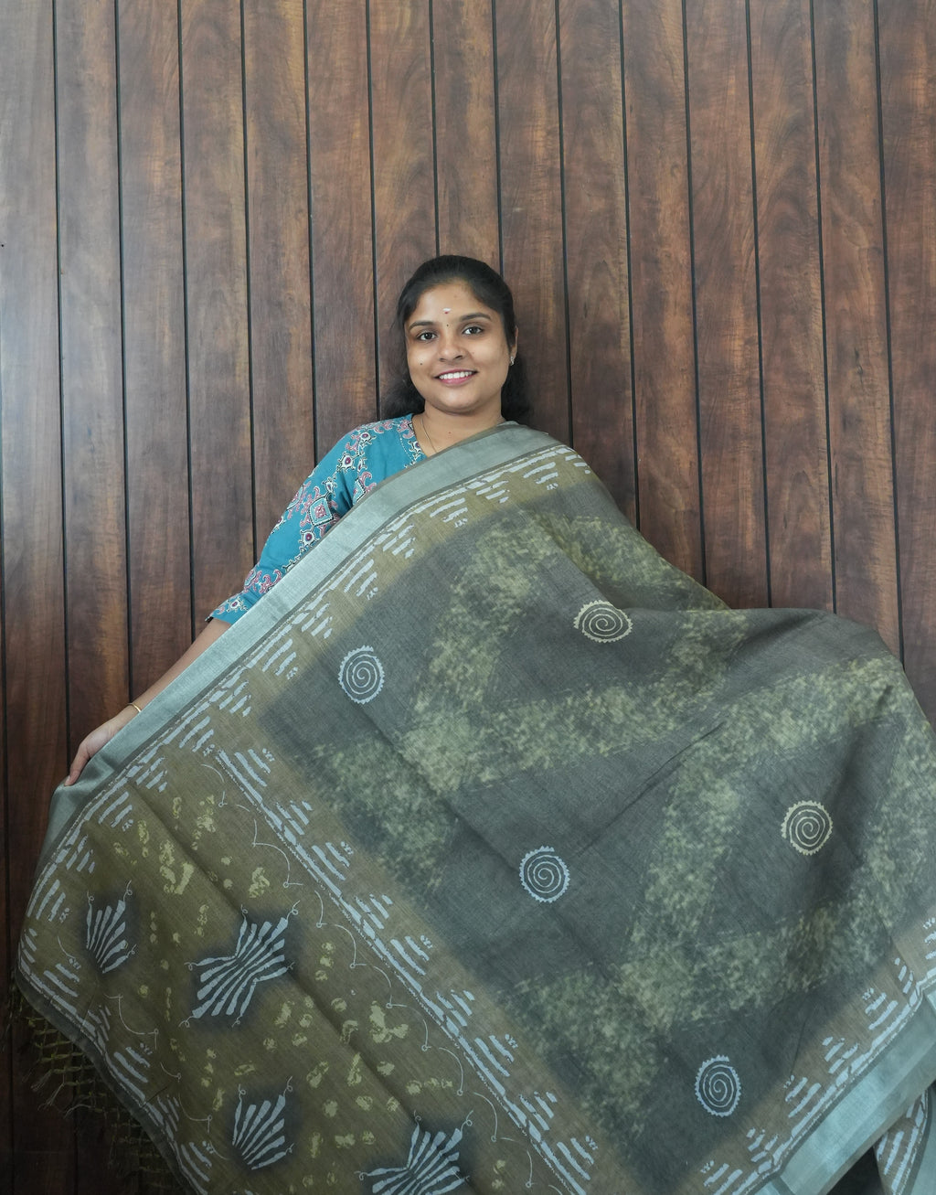 Budget Friendly Saree SLM-BFR-0065 - Olive grey with a printed pattern - front view