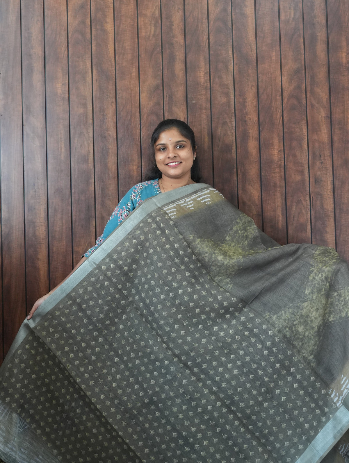 Budget Friendly Saree SLM-BFR-0065 - Olive grey with a printed pattern - second view