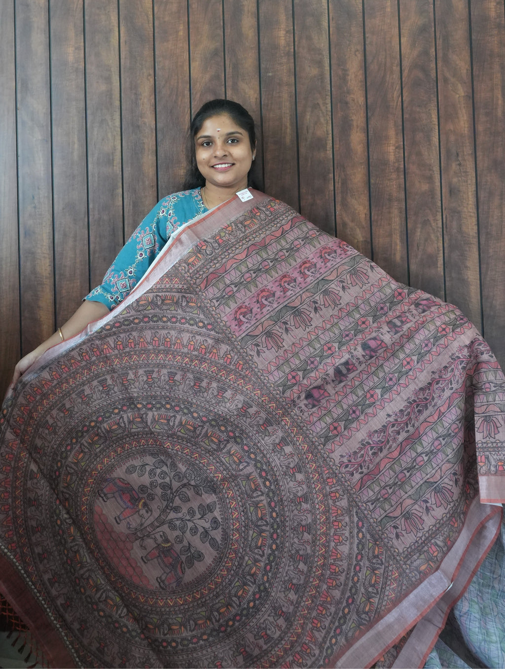 Budget Friendly Saree SLM-BFR-0066 - Brick rust with a mandala print - front view