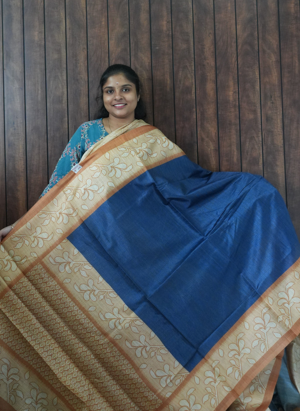 Budget Friendly Saree SLM-BFR-0069 - Navy blue with a beige floral border - front view