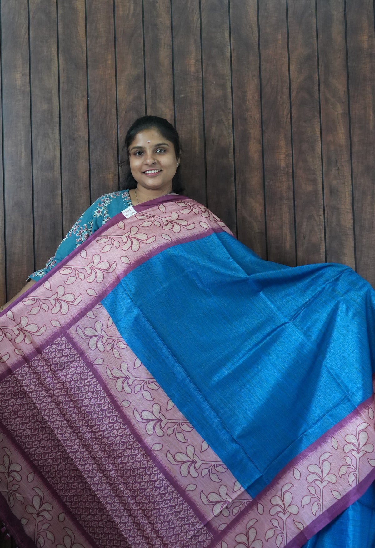 Budget Friendly Saree SLM-BFR-0070 - Bright blue with a pink floral border - front view