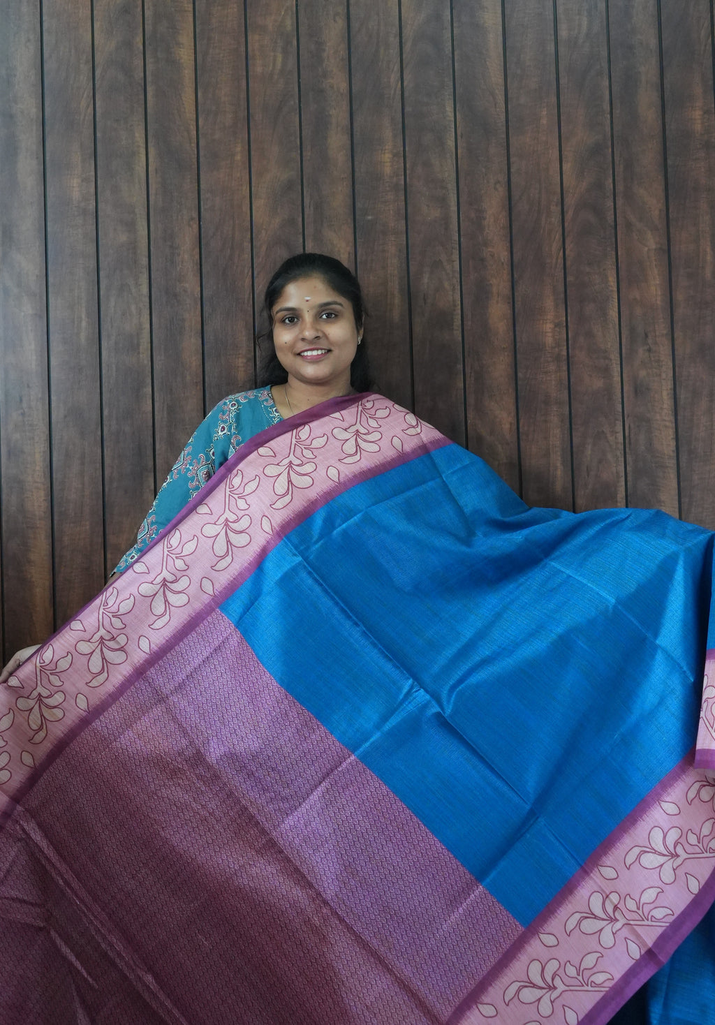 Budget Friendly Saree SLM-BFR-0070 - Bright blue with a pink floral border - second view