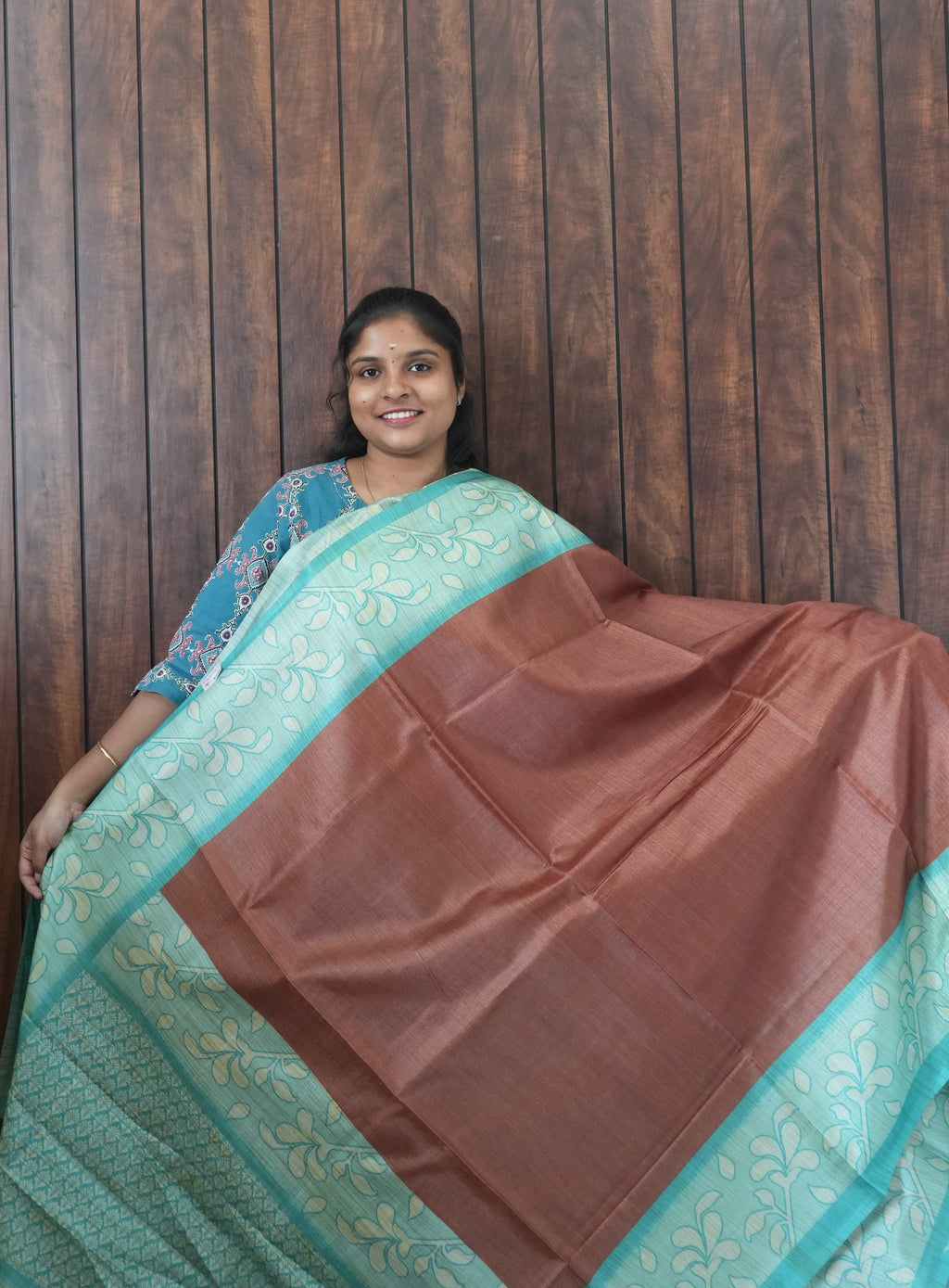 Budget Friendly Saree SLM-BFR-0072 - Rust brown with a mint floral border - front view