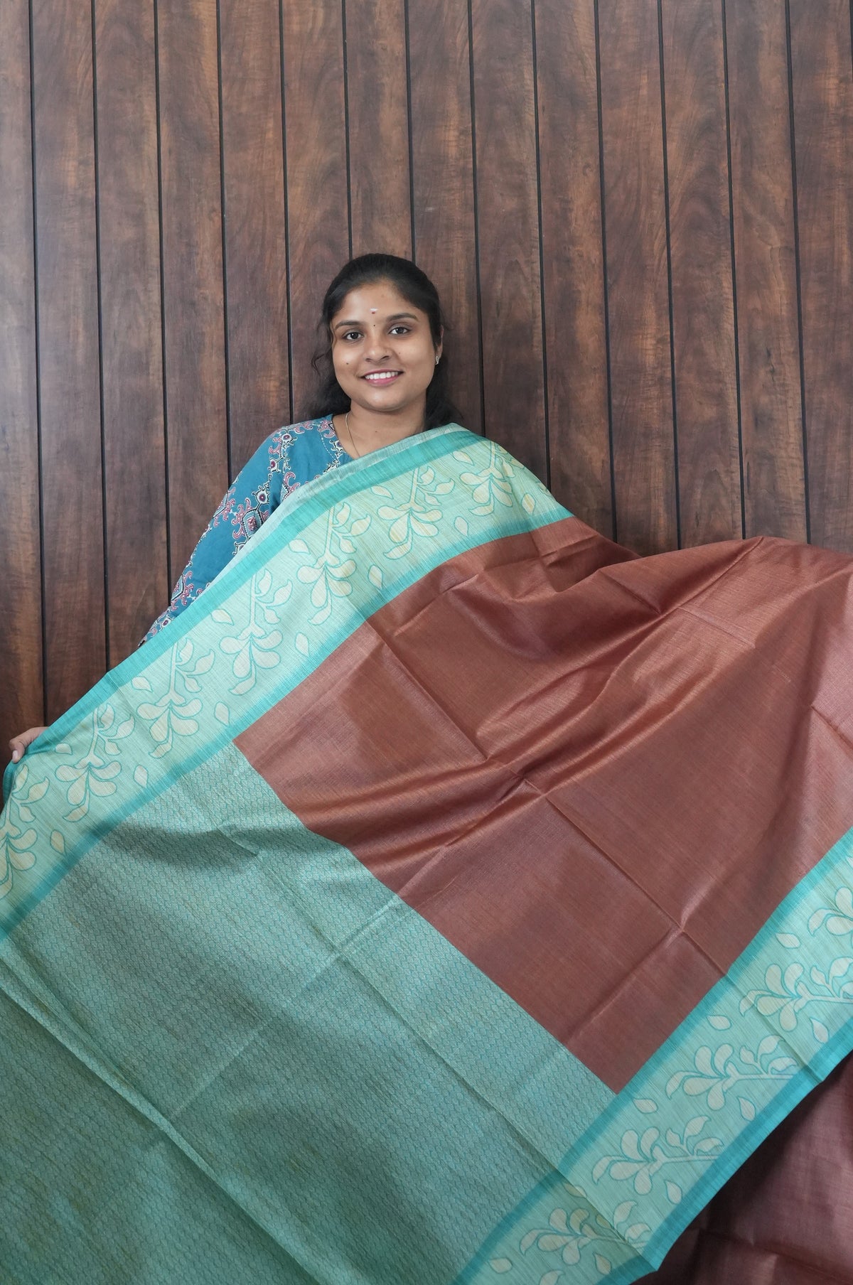 Budget Friendly Saree SLM-BFR-0072 - Rust brown with a mint floral border - second view