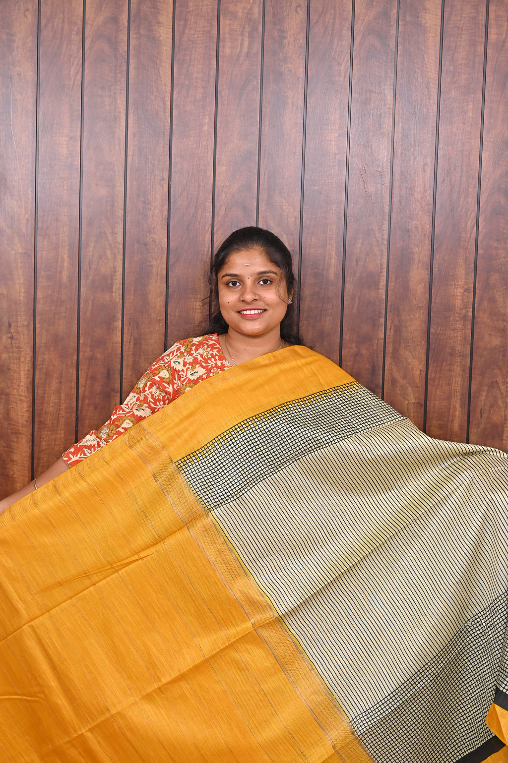 Baswada Cotton Saree SLM-BSW-0001 - Grey-green checks with a mustard yellow pallu - front view