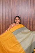 Baswada Cotton Saree SLM-BSW-0001 - Grey-green checks with a mustard yellow pallu - front view