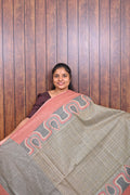 Baswada Cotton Saree SLM-BSW-0005 - Olive grey checks with a salmon border and wave motifs - front view