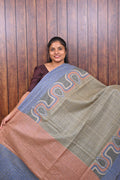 Baswada Cotton Saree SLM-BSW-0006 - Olive checks with a blue and salmon pallu and wave motifs - front view