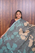 Baswada Cotton Saree SLM-BSW-0007 - Charcoal grey with teal and beige leaf print - front view