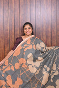 Baswada Cotton Saree SLM-BSW-0008 - Charcoal grey with peach and beige leaf print - front view