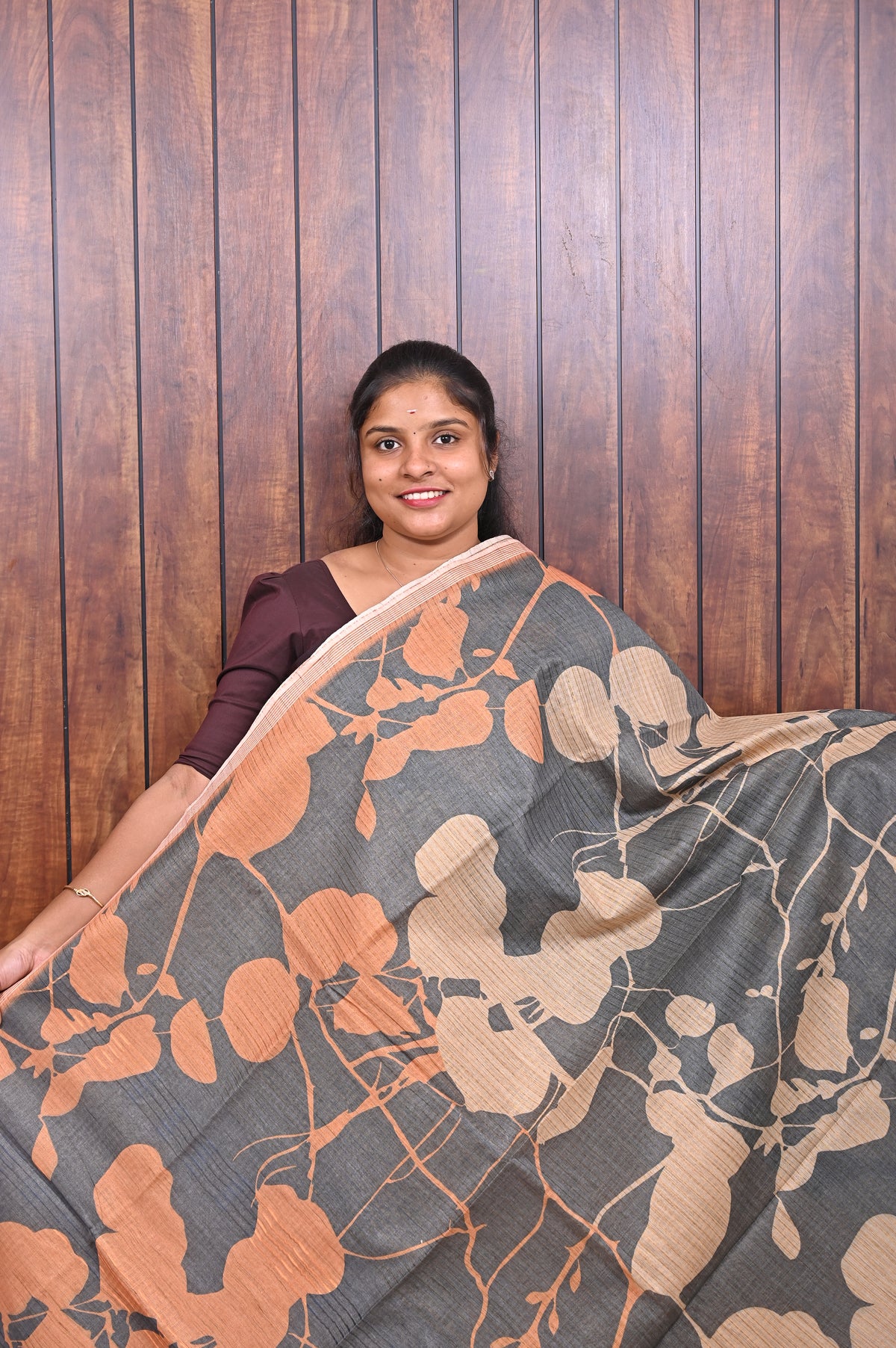 Baswada Cotton Saree SLM-BSW-0008 - Charcoal grey with peach and beige leaf print - front view