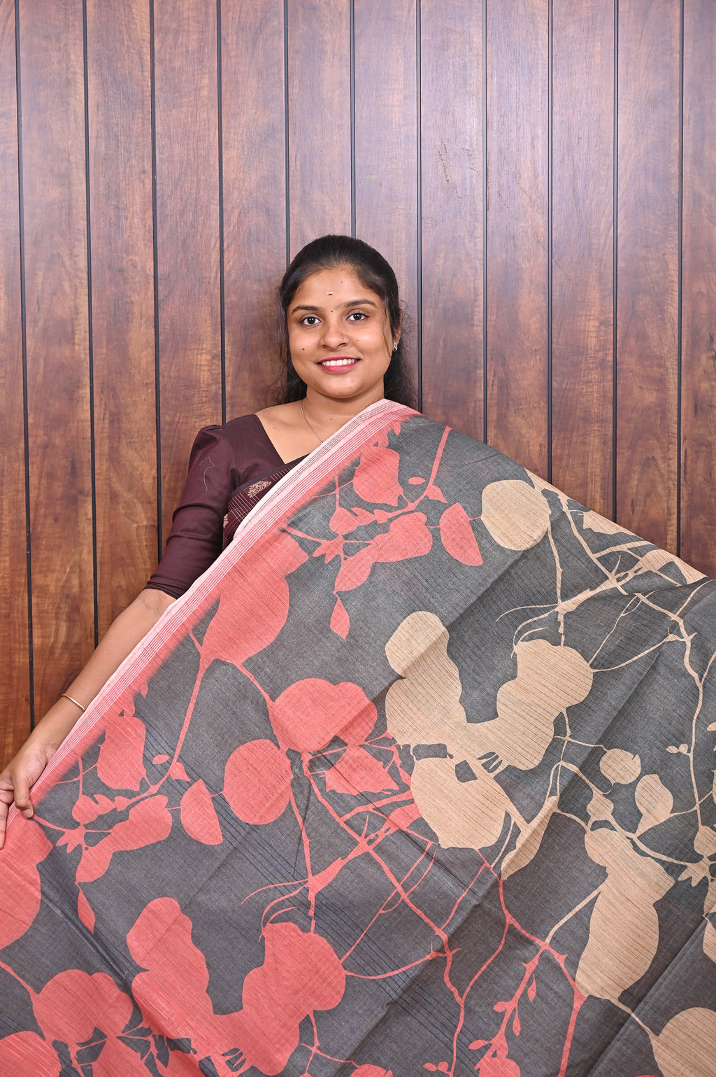 Baswada Cotton Saree SLM-BSW-0009 - Charcoal grey with coral and beige leaf print - front view