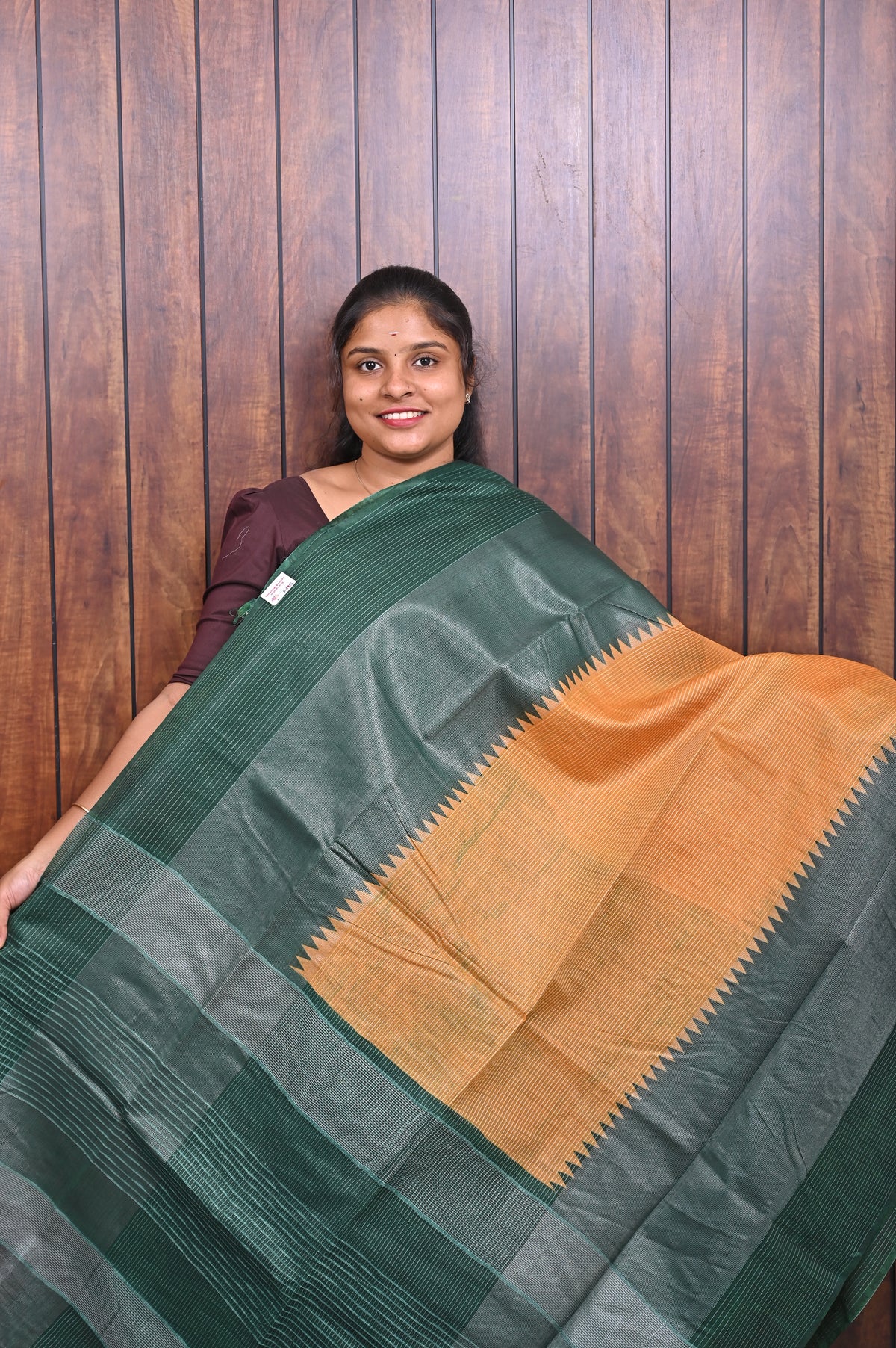 Baswada Cotton Saree SLM-BSW-0011 - Bottle green with an orange pallu - front view