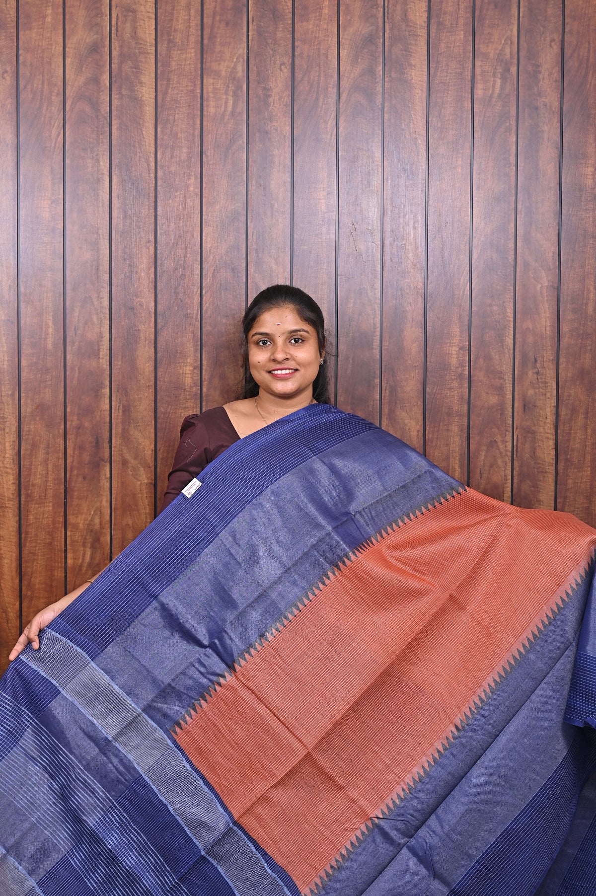 Baswada Cotton Saree SLM-BSW-0012 - Navy blue with a rust pallu - front view