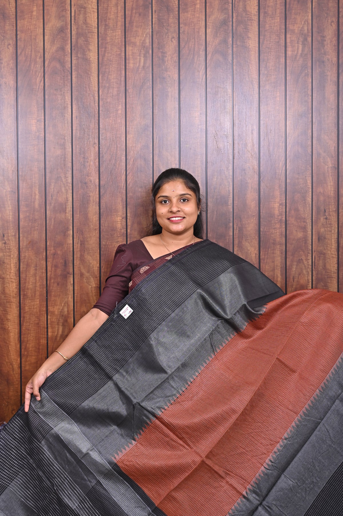 Baswada Cotton Saree SLM-BSW-0013 - Black with a rust pallu - front view