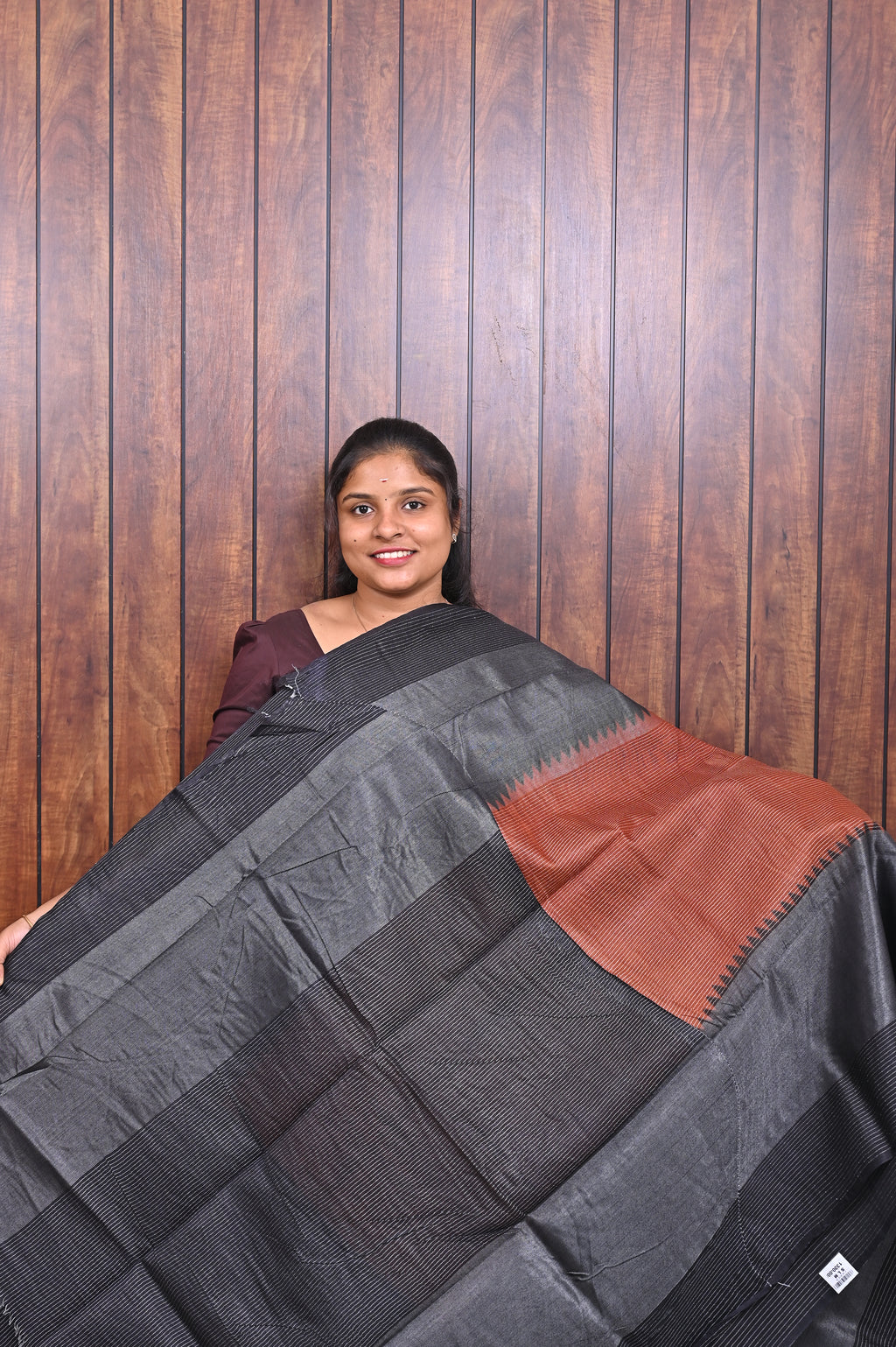 Baswada Cotton Saree SLM-BSW-0013 - Black with a rust pallu - second view